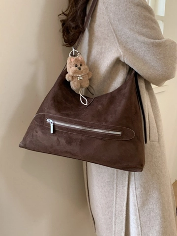 Women Large Capacity Retro PU Leather Hobo Shoulder Bag Suede Texture Tote Bag With Bear Charm Front Zipper Pocket Handbag