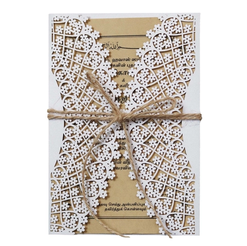European Laser Cut Wedding Invitations With Kraft Paper Inner Sheet Jute Rope White Hollow Floral Party Invitation Cards