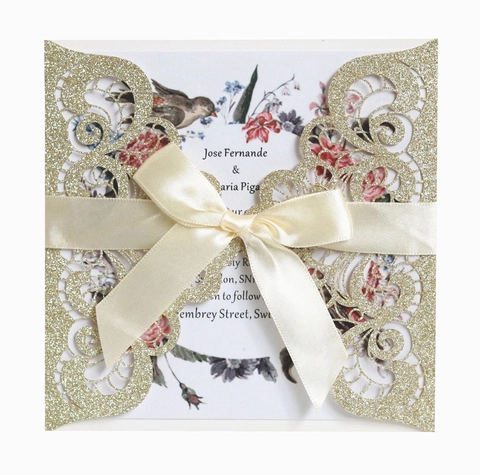Glitter Laser Cut Wedding Invitation Set With Satin Ribbon Bow Elegant Floral Inner Card Party Engagement Greeting Cards