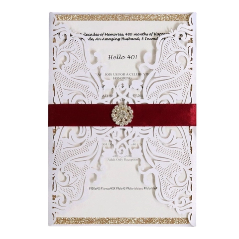 Biglietto d'Invito per il 40 Compleanno Taglio Laser Floreale Carta Perlata Elegante Invito Intagliato Con Nastro e Fibbia di Strass