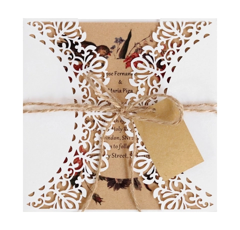 Europese Vintage Laser Gesneden Bloem Bruiloft Uitnodigingskaart Met Parelmoer Papier Envelop En Hennep Touw Set