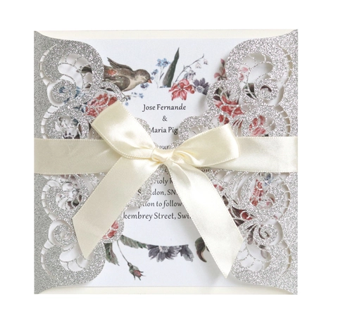 Glitter Laser Cut Wedding Invitation Set With Satin Ribbon Bow Elegant Floral Inner Card Party Engagement Greeting Cards