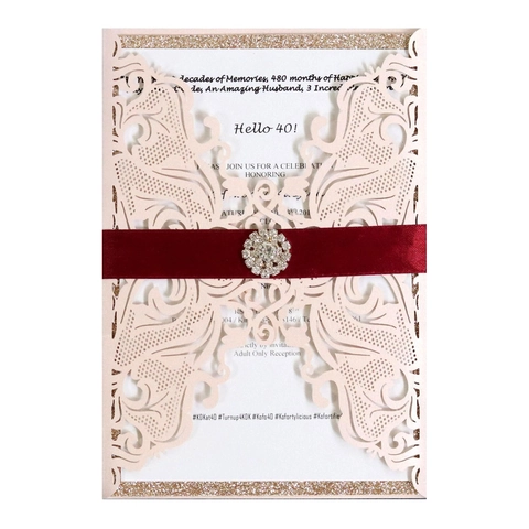 Biglietto d'Invito per il 40 Compleanno Taglio Laser Floreale Carta Perlata Elegante Invito Intagliato Con Nastro e Fibbia di Strass