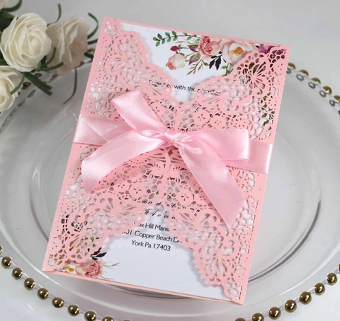 Eleganti Inviti Matrimonio Intaglio Laser Carta Perlata Pizzo Floreale Cartoline Invito Con Fiocco Di Nastro Busta Per Evento