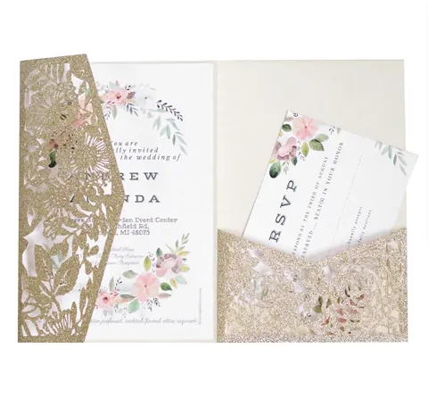 Elegant Glitter Pearlescent Paper Wedding Invitation Cards Laser Cut Rose Floral Hollow Out Greeting Card For Engagement Party Anniversary