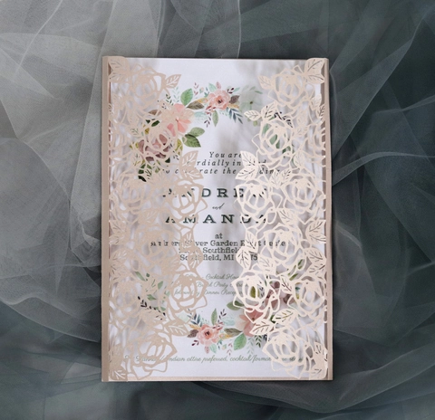 Inviti Floreali Intagliati al Laser Carta Perlata Biglietti Traforati Con Fiocco per Matrimonio Compleanno Festa Cerimonia Cancelleria