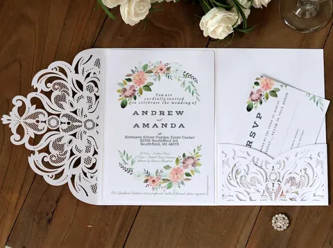 Elegant Laser Cut Wedding Invitations Rose Floral Lace Hollow Pearlescent Paper Greeting Cards For Party Ceremony Events