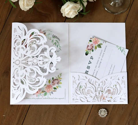 Elegant Laser Cut Wedding Invitations Rose Floral Lace Hollow Pearlescent Paper Greeting Cards For Party Ceremony Events