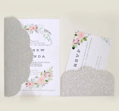 European Laser Cut Glitter Wedding Invitation Pearlescent Paper Hollow Pocket With Floral Inner Card Envelope For Marriage