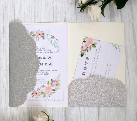 European Laser Cut Wedding Invitations Set With Glitter Hollow Pocket Fold Inner Card And Envelope For Wedding Party Bridal Shower Engagement