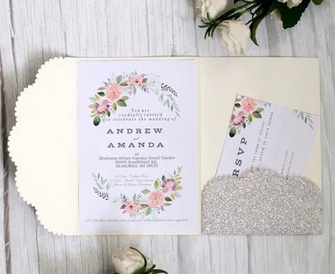 European Laser Cut Wedding Invitations Set With Glitter Hollow Pocket Fold Inner Card And Envelope For Wedding Party Bridal Shower Engagement