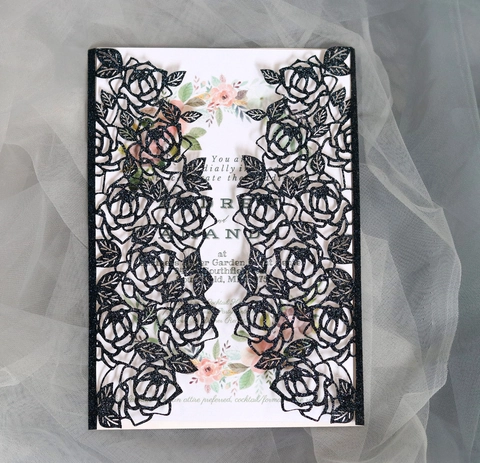 Laserschnitt Hochzeit Einladungskarte Elegant Rose Ausgehöhlt Glitzer Perlglanzpapier Mit Satinband Strass Schnalle