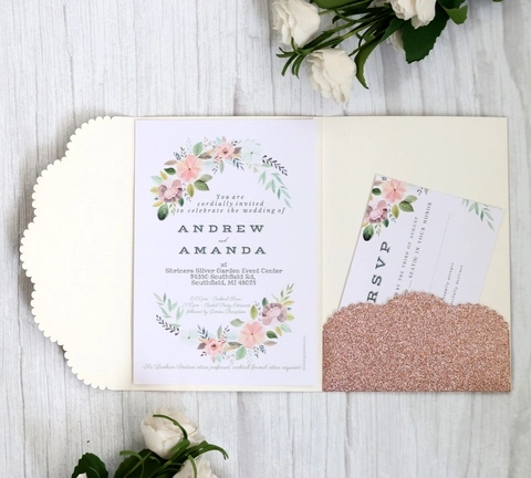 European Laser Cut Glitter Wedding Invitation Pearlescent Paper Hollow Pocket With Floral Inner Card Envelope For Marriage