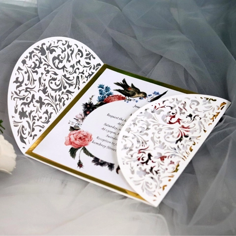 Invito Matrimonio Europeo Vintage Taglio Laser Carta Perlata Con Nastro Raso Elegante Card Interna Stampa Floreale
