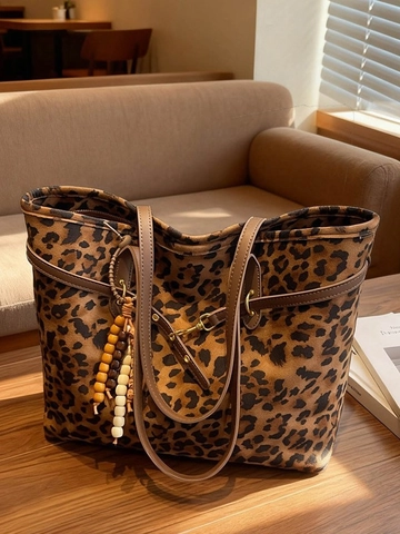 Women Suede Tote Bag Large Capacity Leopard Zebra Print Shoulder Bag Bohemian Beaded Tassel Vintage Fashion Handbag