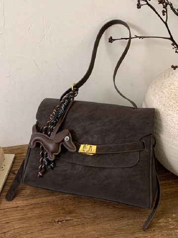 Vintage Maillard Style Large Capacity PU Leather Shoulder Bag For Women Retro Briefcase Tote With Dachshund Pendant Handbag