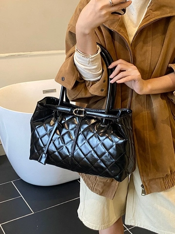 Bolso Tote Acolchado Brillante para Mujer Gran Capacidad Cuero PU Bolso de Hombro Retro Bolso de Mano Color Sólido Moda de Axila