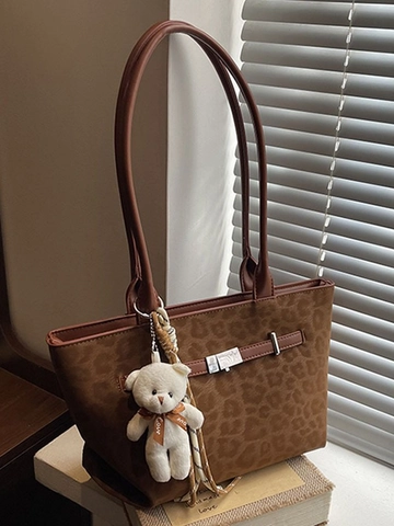 Damen Große Kapazität Leopardenmuster Einkaufstasche Mode Vintage Wildleder PU Schultertasche Mit Plüschbär-Anhänger Für Den Alltag
