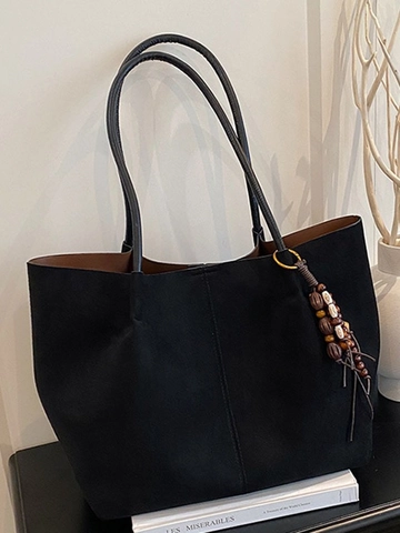 Women Large Capacity PU Tote Bag Vintage Simple Commuter Shoulder Bag With Wooden Bead Pendant Retro Solid Color Handbag
