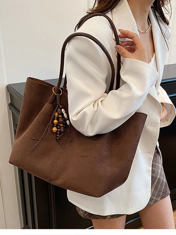 Women Large Capacity PU Tote Bag Vintage Simple Commuter Shoulder Bag With Wooden Bead Pendant Retro Solid Color Handbag
