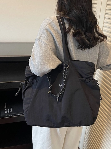 Women Large Capacity Canvas Tote Bag Simple Pleated Drawstring Shoulder Bag Casual Commuter School Bag Solid Color Handbag