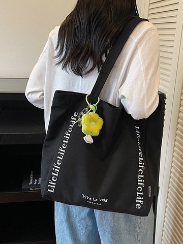 Damen Canvas Einkaufstasche Mit Großer Kapazität Buchstabenmuster Schultertasche Mit Blumenanhänger Mode Lässig Handtasche