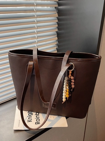 Borsa Tote in Pelle PU Donna Vintage di Grande Capacità Borsa a Tracolla Minimalista Con Ciondolo in Perline e Nappina