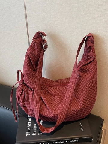Damen Große Kapazität Karierte Segeltuch Hobo Tasche Plaid Umhängetasche Lässige Schultertasche Mit Kordelzug Schleife Dekor