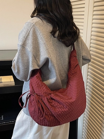 Damen Große Kapazität Karierte Segeltuch Hobo Tasche Plaid Umhängetasche Lässige Schultertasche Mit Kordelzug Schleife Dekor