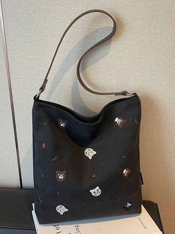 Damen Große Kapazität Canvas Tragetasche Niedliche Katze Stickerei Japanischer Stil Schulter Handtasche Pendler Student Einkaufstasche