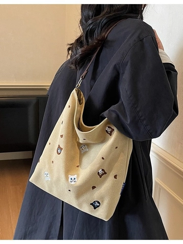 Damen Große Kapazität Canvas Tragetasche Niedliche Katze Stickerei Japanischer Stil Schulter Handtasche Pendler Student Einkaufstasche