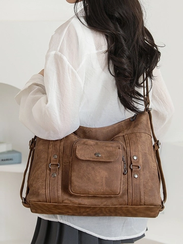 Vintage Washed PU Leather Women Backpack Multi-functional Large Capacity Shoulder Bag With Metal Rivets Retro Commuter Tote Bag