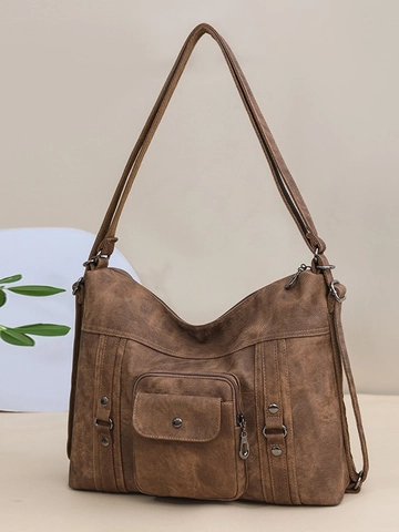 Vintage Washed PU Leather Women Backpack Multi-functional Large Capacity Shoulder Bag With Metal Rivets Retro Commuter Tote Bag
