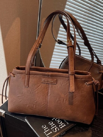 Bolso de Hombro de Cuero PU para Mujer Vintage Retro Conmutar Tote Bolso de Axila Con Correa Ajustable Color Sólido