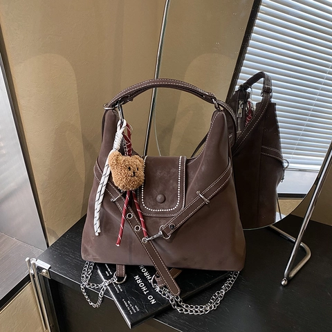 Women Retro Frosted PU Leather Tote Bag Large Capacity Contrast Stitching Shoulder Bag With Bear Charm Commute Handbag
