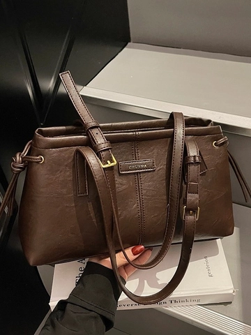 Bolso de Hombro de Cuero PU para Mujer Vintage Retro Conmutar Tote Bolso de Axila Con Correa Ajustable Color Sólido