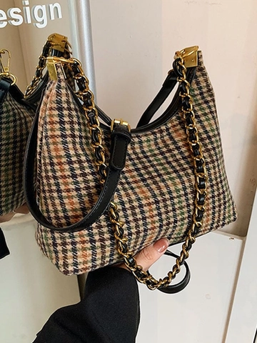 Vintage Plaid Hahnentritt Crossbodytas Voor Dames Retro Tweed Hobo Schoudertas Met Gouden Kettingriem Verstelbare Dagelijkse Woon-Werkportemonnee
