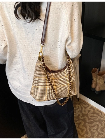 Vintage Plaid Houndstooth Crossbody Bag For Women Retro Tweed Hobo Shoulder Bag With Gold Chain Strap Adjustable Daily Commuting Purse