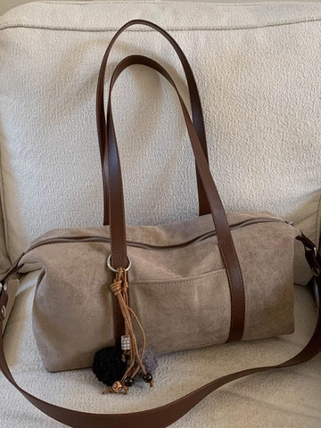 Bolso Boston para Mujer Gran Capacidad de PU Mate Aspecto de Ante Retro Bolso de Hombro Bandolera con Colgante de Peluche Bolso de Moda
