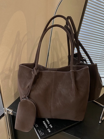 Sac Fourre-Tout Minimaliste en Cuir PU pour Femmes Sac à Bandoulière Grande Capacité Avec Pochette Surpiqûres