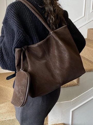 Sac Fourre-Tout Minimaliste en Cuir PU pour Femmes Sac à Bandoulière Grande Capacité Avec Pochette Surpiqûres