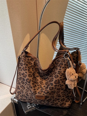 Women Fashion Leopard Print Hobo Shoulder Bag Large Capacity Korean Velveteen Tote Bag With Plush Bear Pendant Handbag