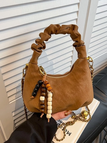Vintage PU Leder Dumpling Umhängetasche Für Damen Mit Gerafftem Griff Holzperlen Anhänger Goldkette Schulterhandtasche