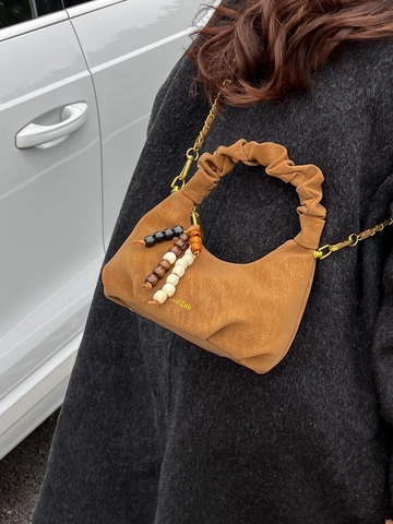 Vintage PU Leder Dumpling Umhängetasche Für Damen Mit Gerafftem Griff Holzperlen Anhänger Goldkette Schulterhandtasche