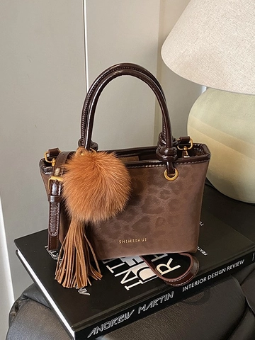 Women Vintage Leopard Print PU Leather Bucket Bag Small Fashion Handbag With Fur Ball Tassel Shoulder Crossbody Bag