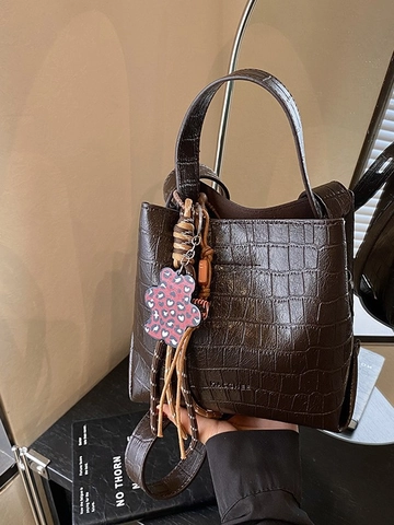 Women Retro Crocodile Embossed Bucket Bag Fashion Versatile Crossbody Handbag With Bear Pendant Top Handle Small Satchel