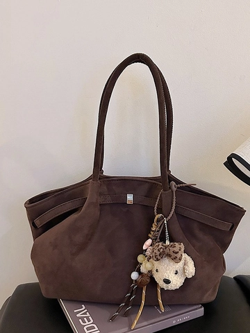 Bolso Tote de Gamuza Vintage de Gran Capacidad para Mujer Bolso de Hombro Mate Retro Bolso de Axila de Color Sólido Con Charm Desmontable Bolso de Mano de Moda