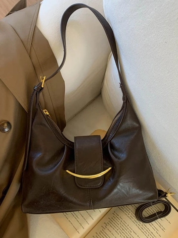 Vintage PU Leather Half Moon Crossbody Bag For Women Chic Gold Crescent Hardware Stitching Hobo Shoulder Bag Daily Commute