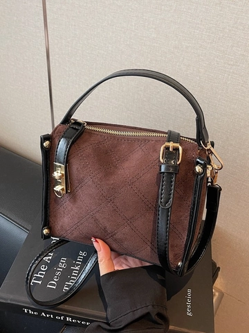 Vintage Quilted PU Leather Crossbody Bag For Women Retro Frosted Small Square Handbag With Gold Hardware Brown Coffee