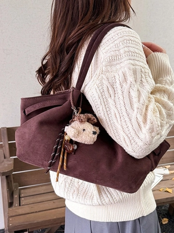 Bolso Tote de Gamuza Vintage de Gran Capacidad para Mujer Bolso de Hombro Mate Retro Bolso de Axila de Color Sólido Con Charm Desmontable Bolso de Mano de Moda